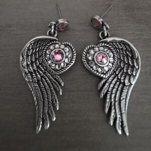 Silver Wing Earrings with Pink Accents